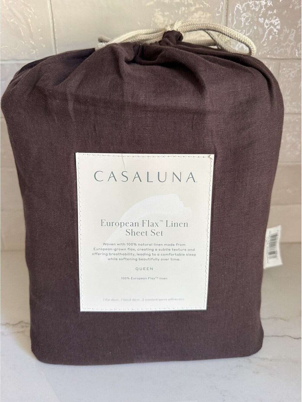 CASALUNA 100% European Flax Linen Sheet Set Queen Dark Fig